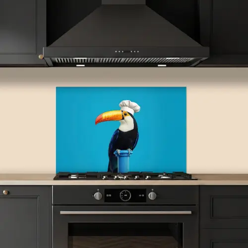Tucan - Sokkel - Vogel - Koksmuts keuken achterwand spatscherm klein -sfeer1