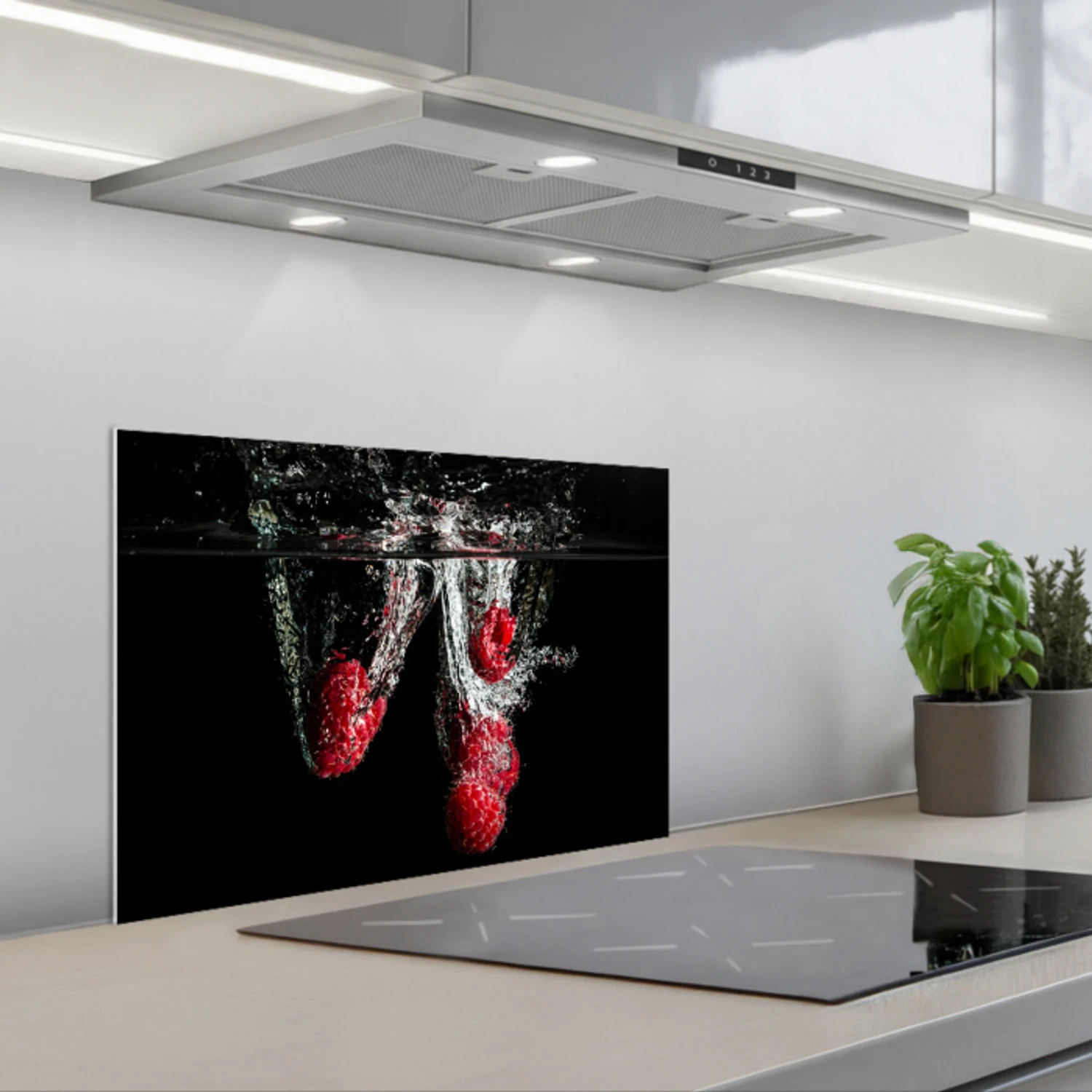 Frambozen - Fruit - Stilleven - Water - Zwart - Rood keuken achterwand spatscherm klein -3d_schuin