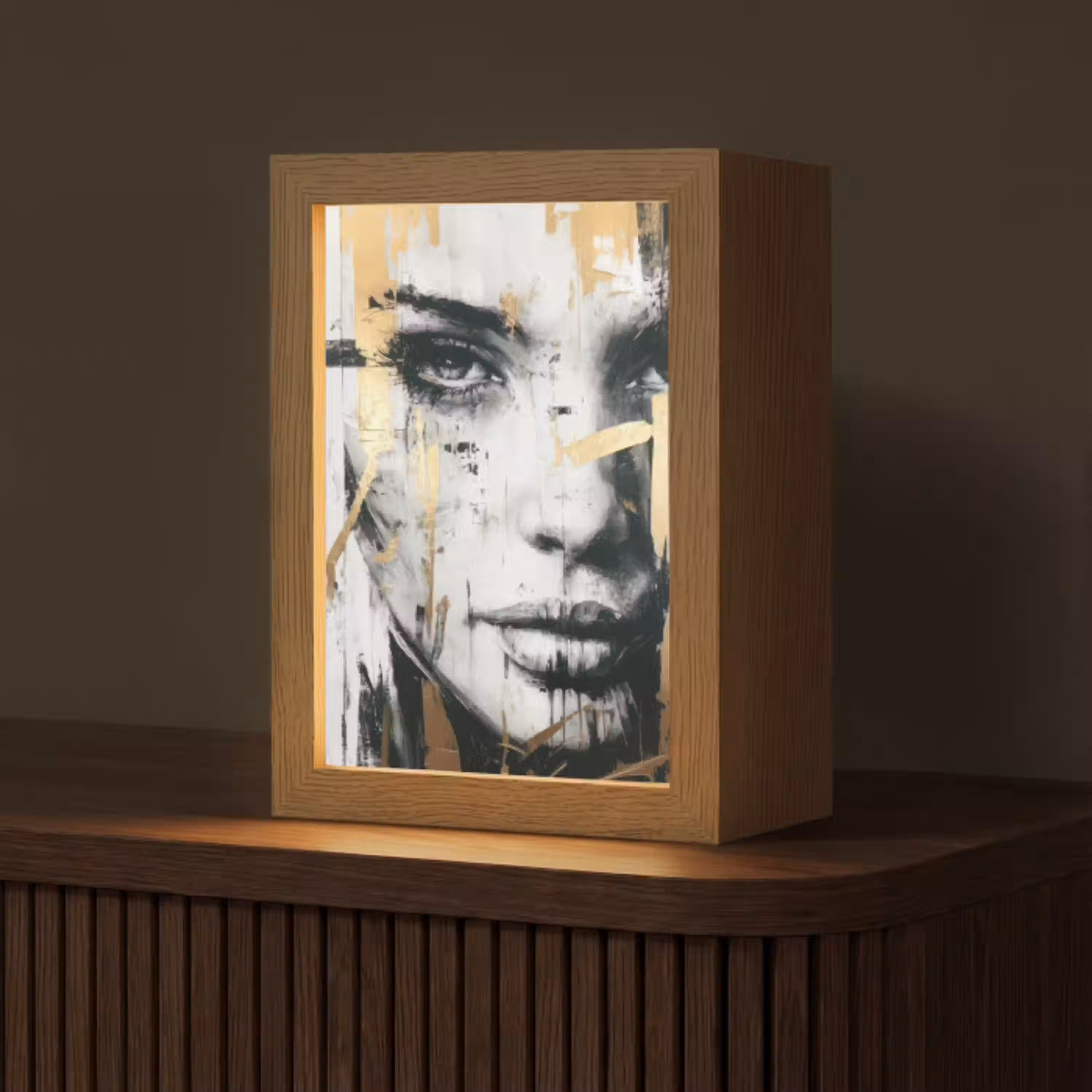 Portret - Vrouw - Penseelstreken - Goud Light Box met kabel (Tafellamp) klein -z3d_website