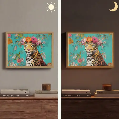 Luipaard - Bloemen - Kroon Light Box met batterij (Wandlamp) middel -sfeer3