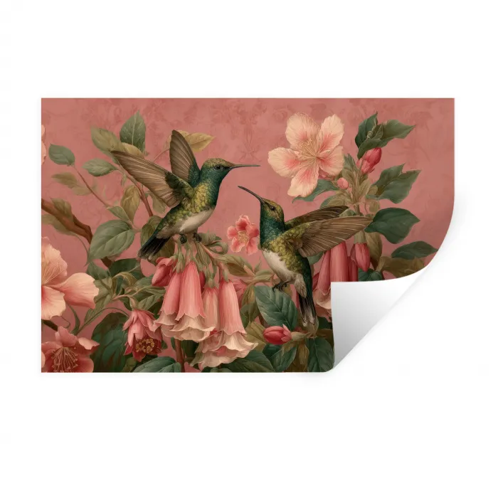 Kolibries - Bloemen - Groen - Roze Muursticker klein -3d
