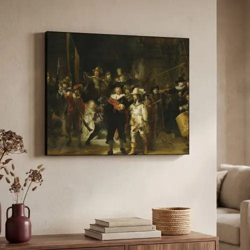 De Nachtwacht - Kunst - Oude meesters - Rembrandt Textielframe - compleet frame klein -sfeer3