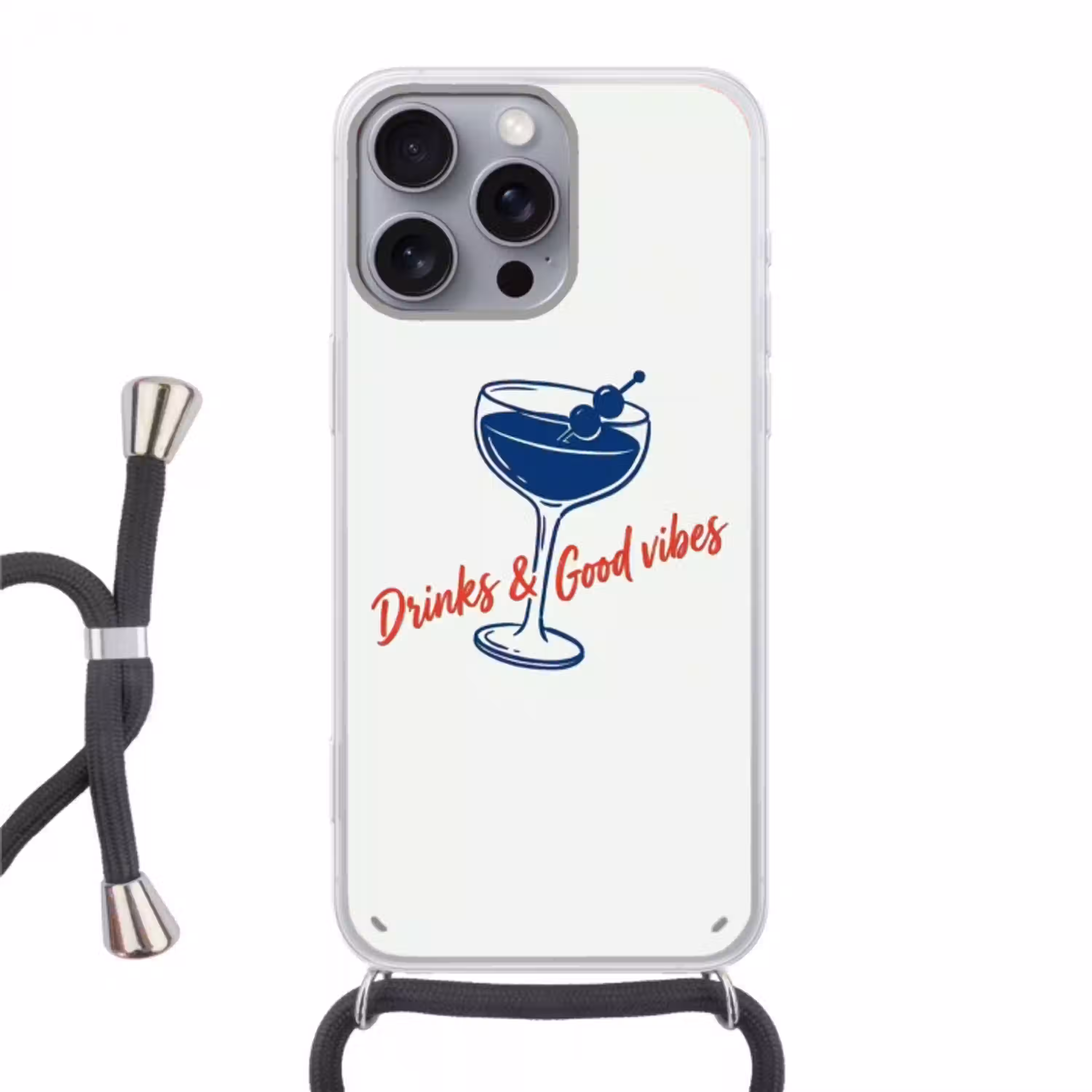 Cocktail - Glas - Illustratie - Blauw - Wit Hoesje iPhone 16 Pro Max met koord klein -3d
