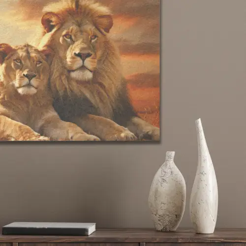 Leeuwen - Zonsondergang - Afrika - Savanne - Dieren PET vilt klein -sfeer6_closeup