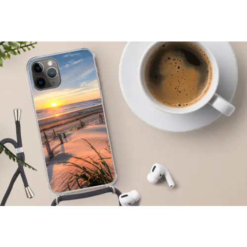 Strand - Zee - Duin - Zonsondergang - Landschap Hoesje iPhone 12 Pro met koord klein -oordop