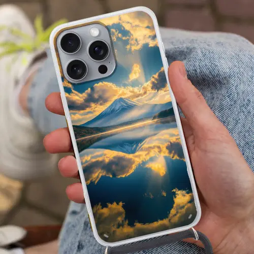 Berg - Rivier - Zonsondergang Hoesje iPhone 16 Pro Max met koord klein -sfeer3
