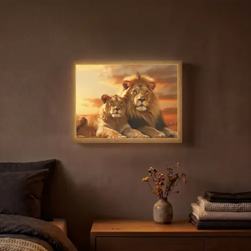 Leeuwen - Zonsondergang - Afrika - Savanne - Dieren Light Box met batterij (Wandlamp) middel -sfeer4