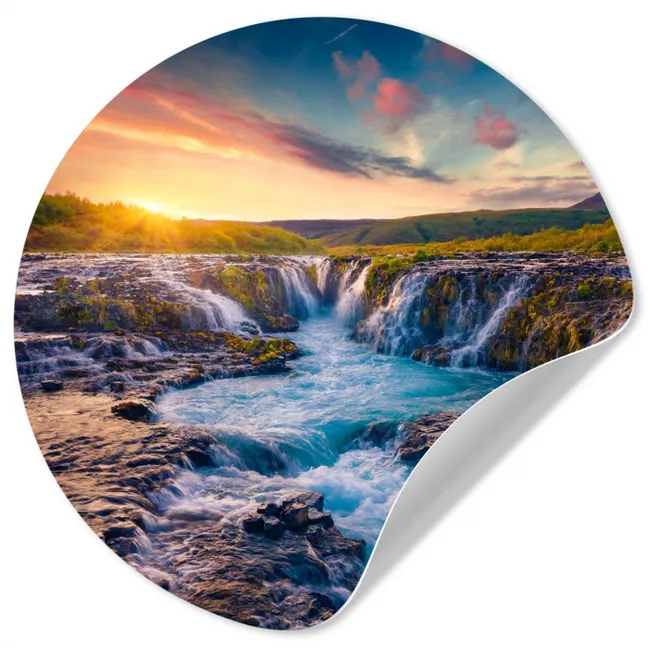 Waterval - Planten - Mos - Landschap - Zonsondergang - Rots Wandcirkel behangsticker klein -3d