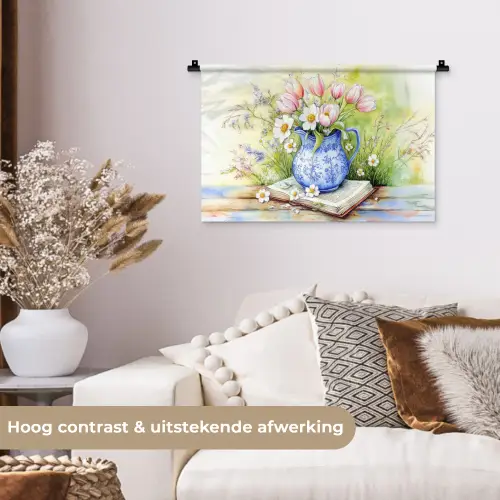 Vaas - Delftsblauw - Madeliefjes Wandkleed katoen klein -sfeer1