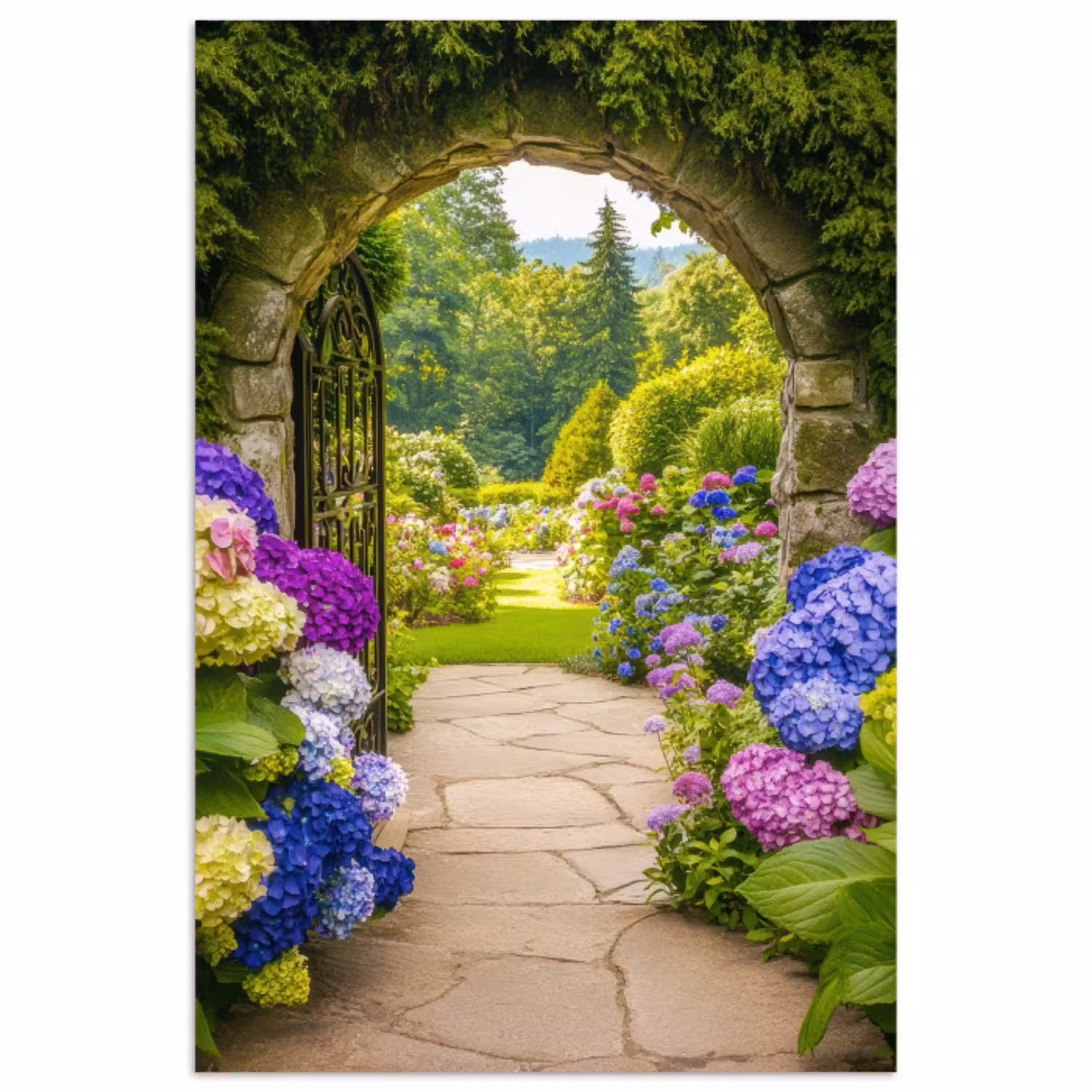 Doorkijk - Poort - Hortensia - Bloementuin poster papier klein -3d