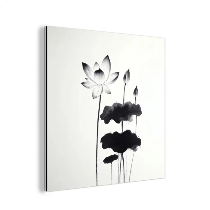 Bladeren - Zwart - Lotusbloem - Minimalitisch aluminium wit klein -3d