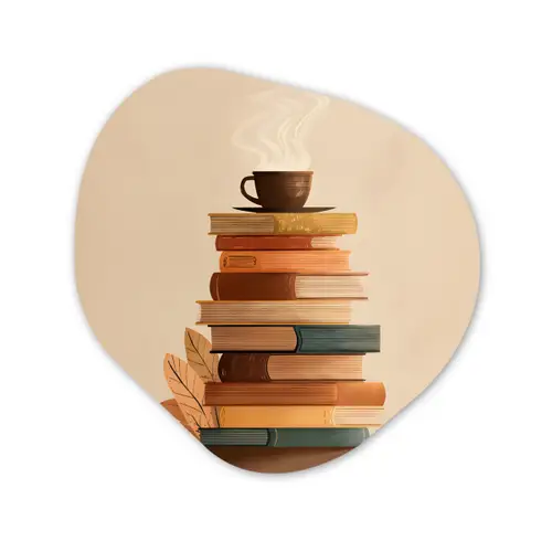 Boeken - Toren - Koffie - Beige Wandcirkel Organisch Plexiglas middel -3d