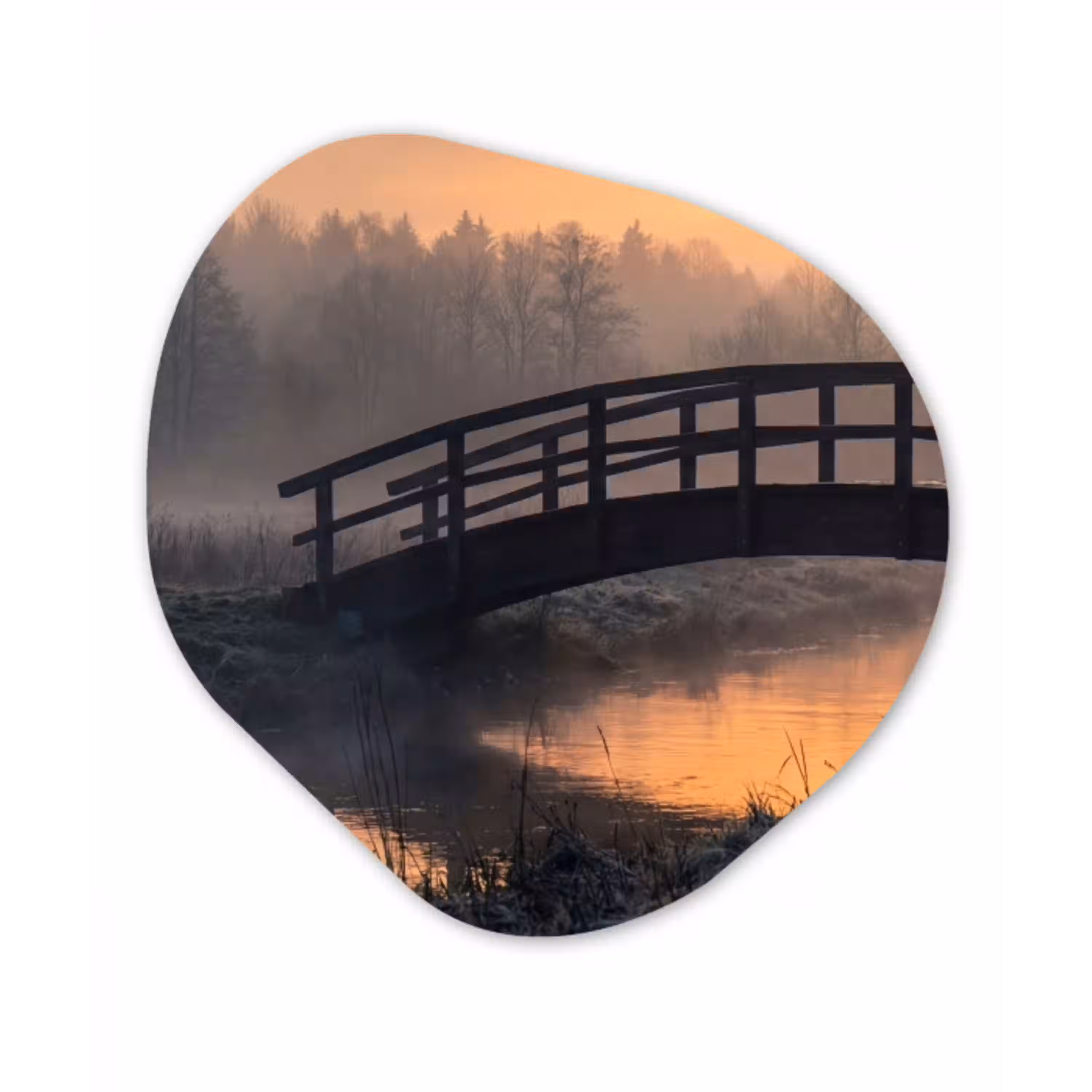 Brug - Mist - Bomen - Water Wandcirkel Organisch Aluminium middel -3d