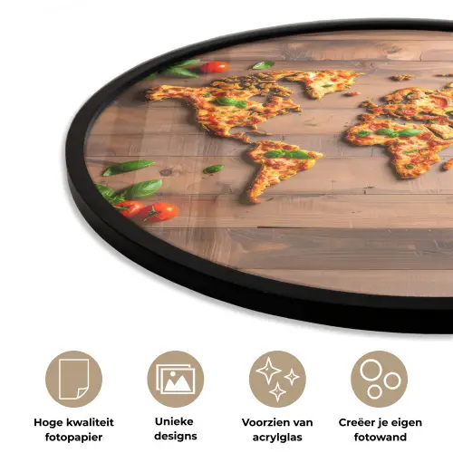 Wereldkaart - Pizza - Houten ondergrond Fotolijst rond zonder passe partout klein -closeup_NL