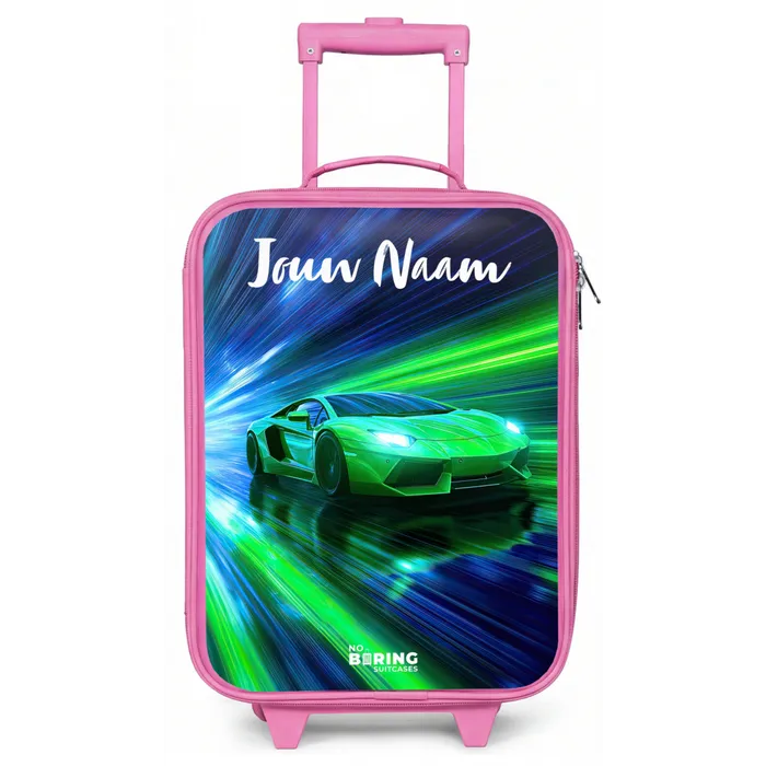 Sportauto - Groen - Snelheidslijnen - Neon Kinderkoffer - Roze klein -zz3dotto