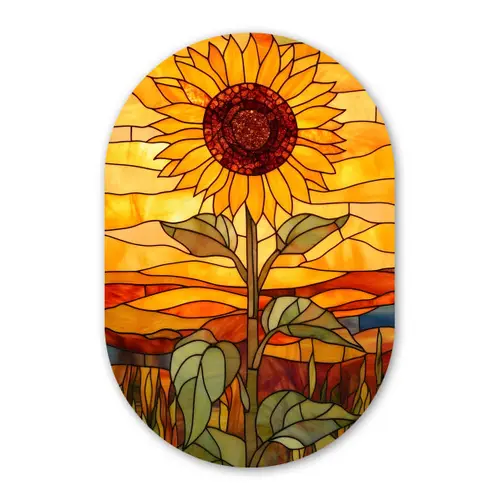 Zonnebloem - Mozaïek - Zonsondergang - Geel Wandcirkel Ovaal Glas middel -3d