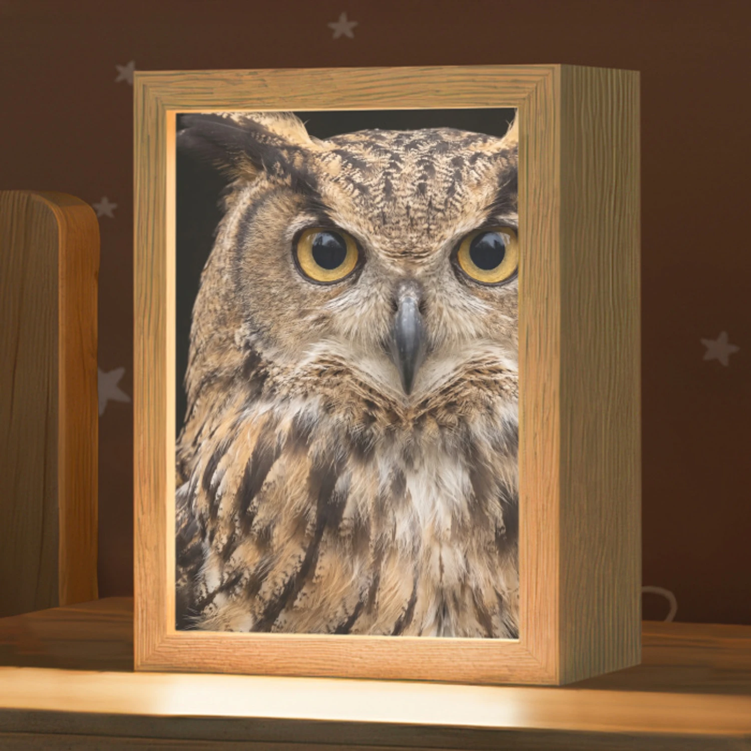 Oehoe - Uil - Portret - Bruin Light Box met kabel (Kinderlampje) klein -zzz_3d_website
