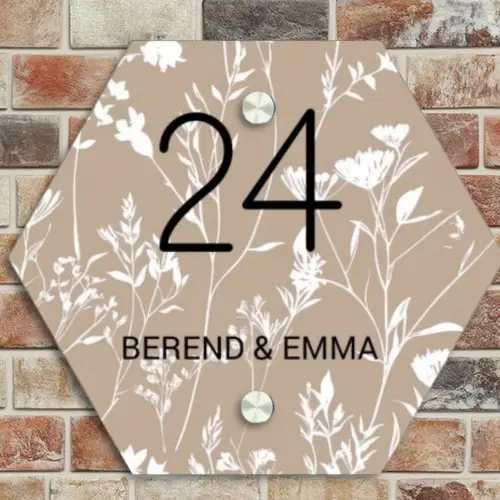 Beiges Blumenmuster - Klassisch Naambord Hexagon klein -sfeer2