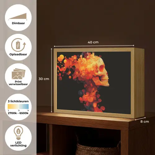 Schedel - Oranje - Zijaanzicht - Vlammen Light Box met batterij (Wandlamp) middel -USP_websiteoverzichtNL