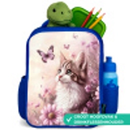 Kat - Paars - Vlinders - Bloemen Kinderrugzak - Blauw middel -inhoud_NL