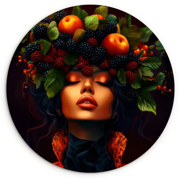 Vrouw - Zwart - Bessen - Bramen - Appels Wandcirkel kunststof plaat 5mm dik klein -3d