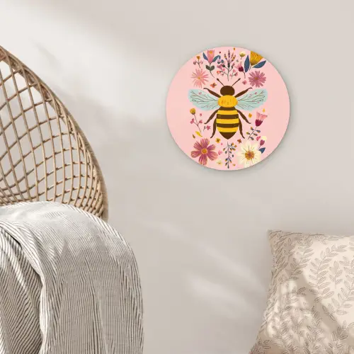 Bij - Geel - Bloemen - Kleurrijk Wandcirkel kunststof plaat 5mm dik klein -sfeer5