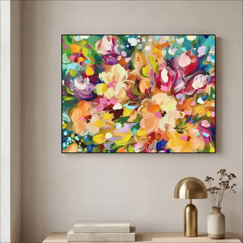 Schilderij - Olieverf - Bloemen - Regenboog Textielframe zwart klein -sfeer2