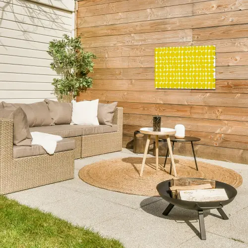 Stippen - Modern - Geel Tuinposter op houten frame 2 cm dik klein 845 -sfeer2