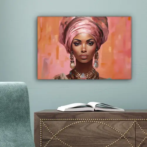 Kunst - Vrouw - Roze - Sieraden - Portret canvas 2cm klein -sfeer4