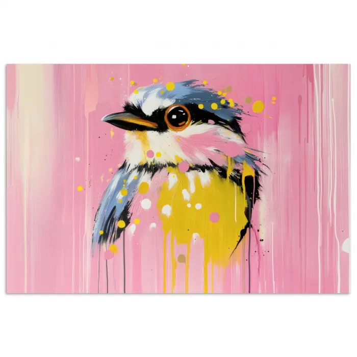 Vogel - Roze - Geel - Blauw poster papier klein -3d