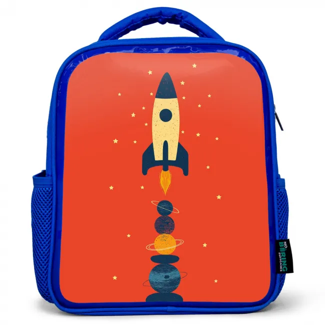 Raket - Planeten - Rood Kinderrugzak - Blauw middel -3d