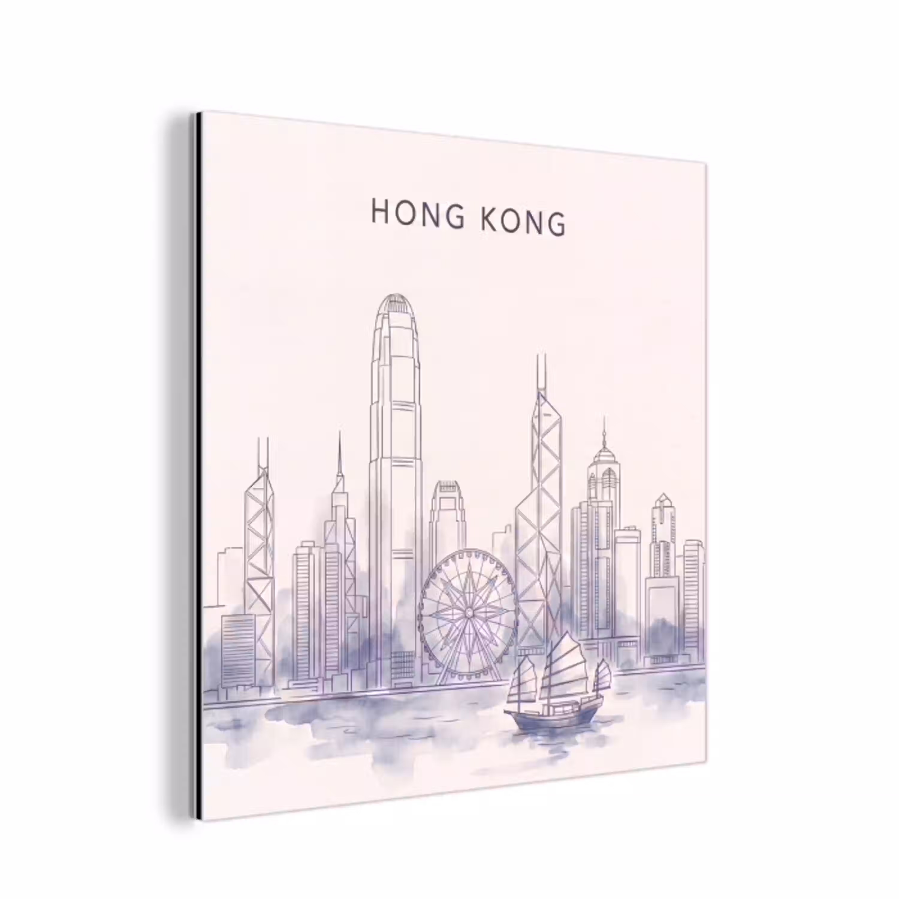 Stad - Skyline - Water - Lijntekening - Blauw aluminium wit klein -3d