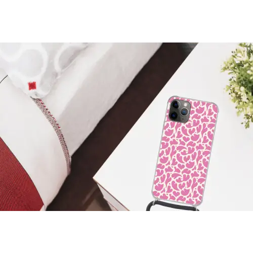 Hartjes - Print - Roze - Wit Hoesje iPhone 12 Pro met koord klein -kamer