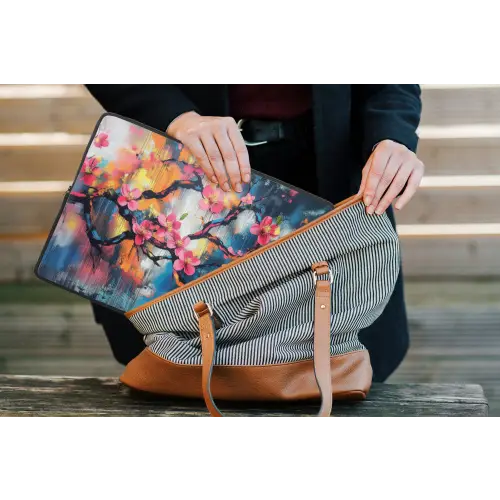 Bloemen - Tak - Artistiek - Roze laptophoes neopreen klein -tas