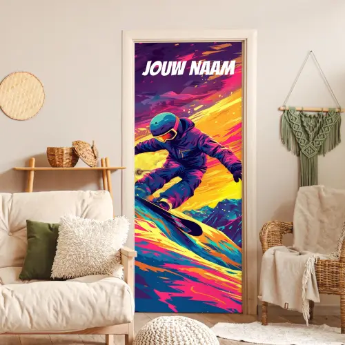 Snowboarder in felle neonkleuren met de tekst “Deze kamer is van: jouw naam”. deurposter klein -sfeer2