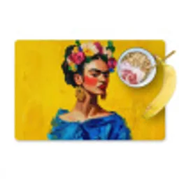 Frida Kahlo - Vrouw - Geel - Blauw - Bloemen Placemat vinyl groot -zzzproduct_Kitchenyeah-website