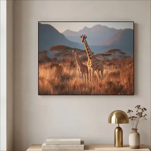 Giraffen - Hoog gras - Acaciabomen Textielframe zwart klein -sfeer2