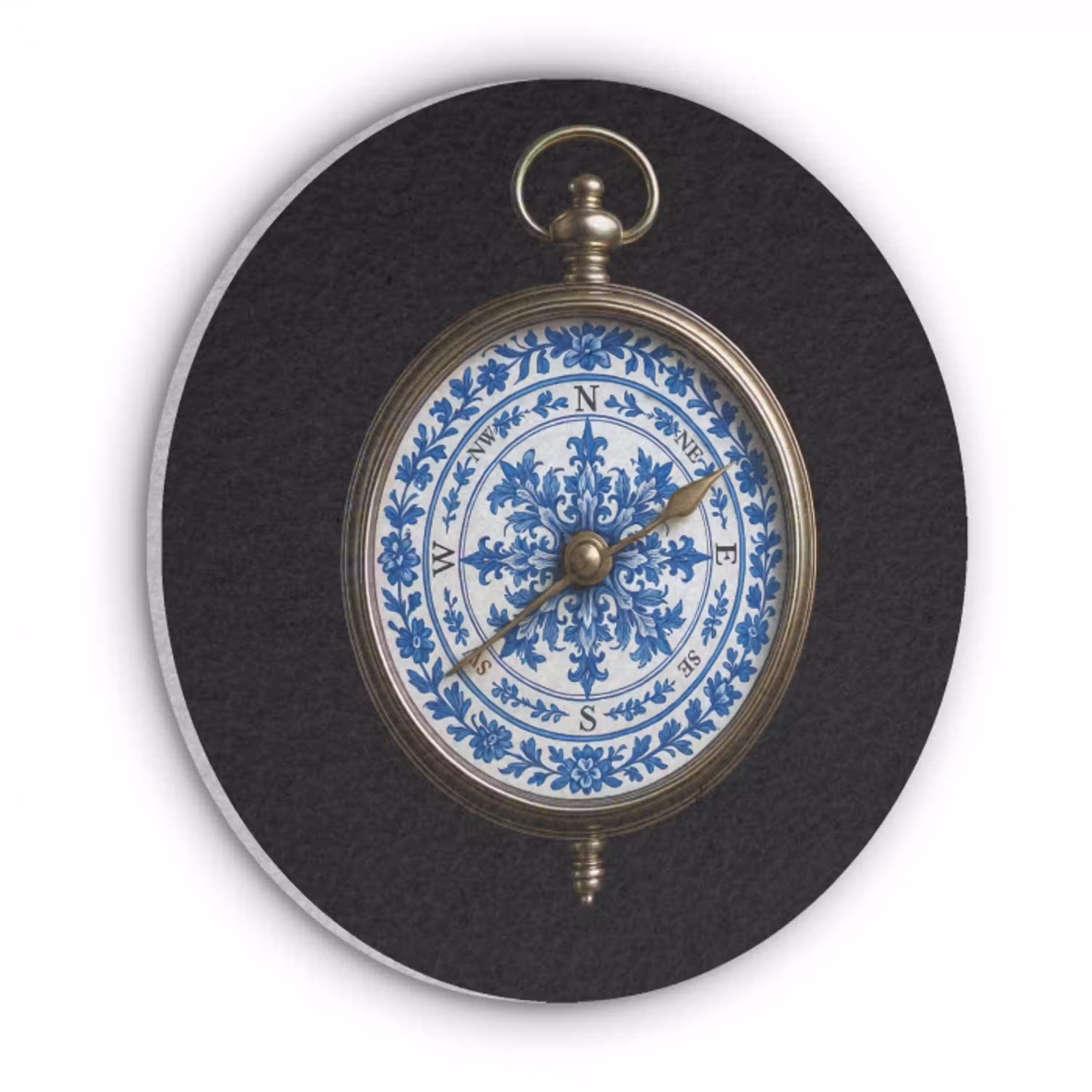 Kompas - Delfts blauw - Zwart Akoestische PET Vilt - Rond klein -3d