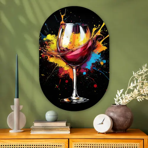 Wijn - Glas - Graffiti - Borrel - Rood - Verf Wandcirkel Ovaal Glas middel -sfeer2