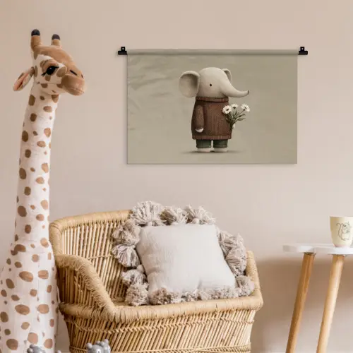 Olifant - Witte bloemen - Kindvriendelijk Wandkleed katoen klein -wsfeer5_kind