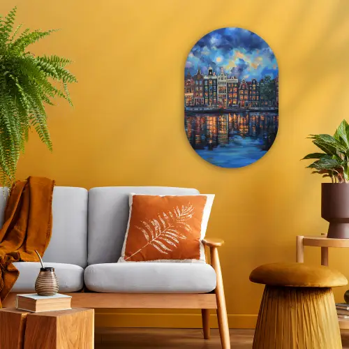 Grachten Amsterdam - Huizen - Stad - Kleurrijk Wandcirkel Ovaal Forex klein -sfeer4