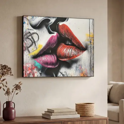 Street art - Lippen - Kus - Graffiti Textielframe zwart klein -sfeer3