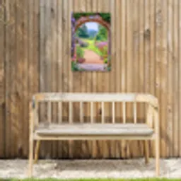Doorkijk - Poort - Bloemen - Tuin Tuinposter op houten frame 2 cm dik klein -sfeer4