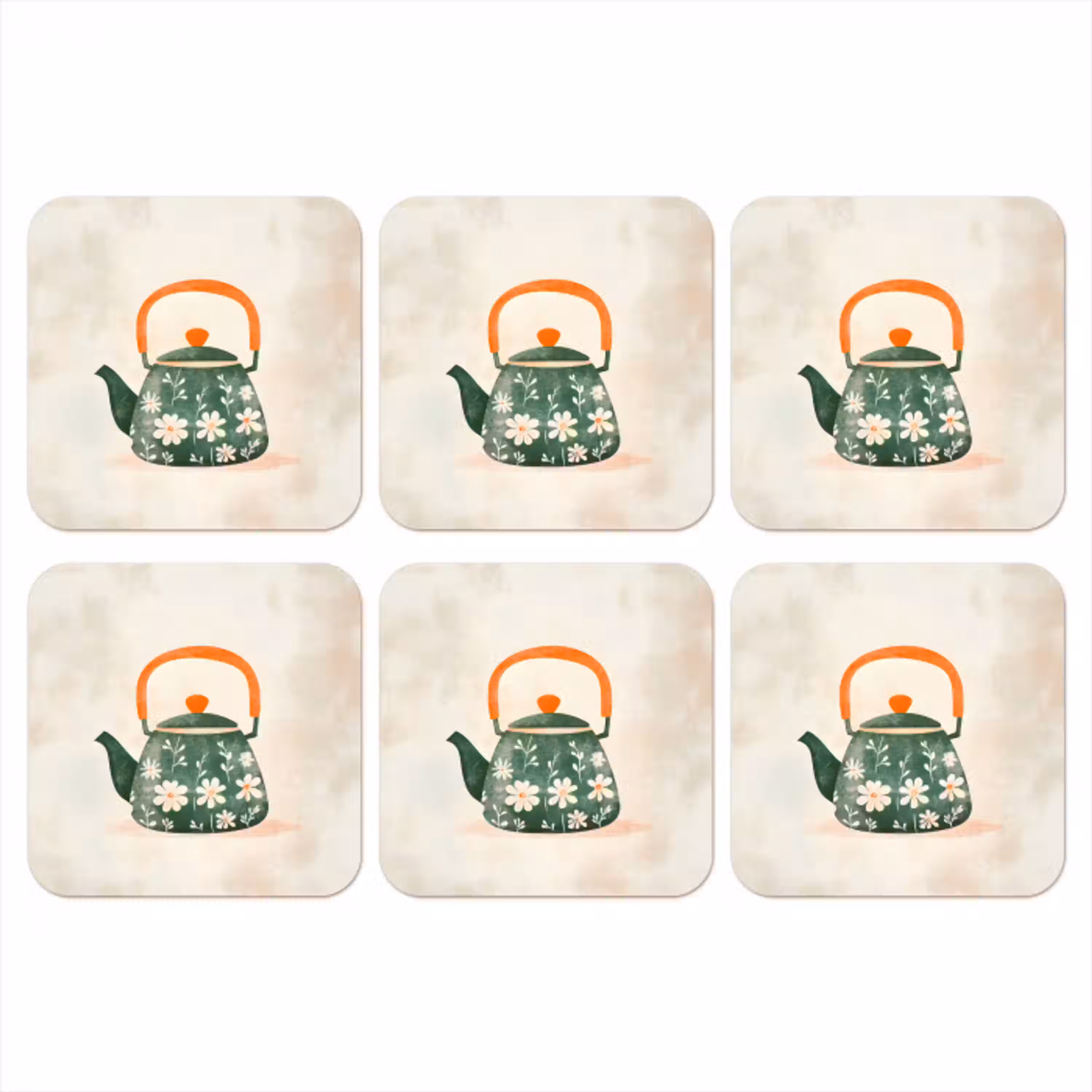Theepot - Groen - Bloemen - Oranje onderzetter kurk middel -3d