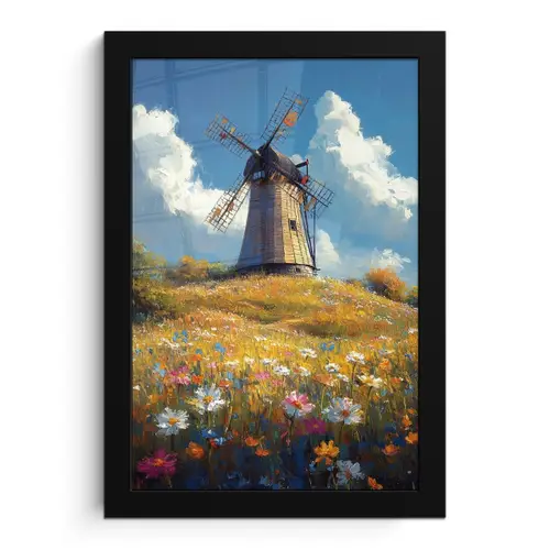 Windmolen - Heuvel - Bloemen - Kleurrijk fotolijst zwart zonder passe partout klein -3d