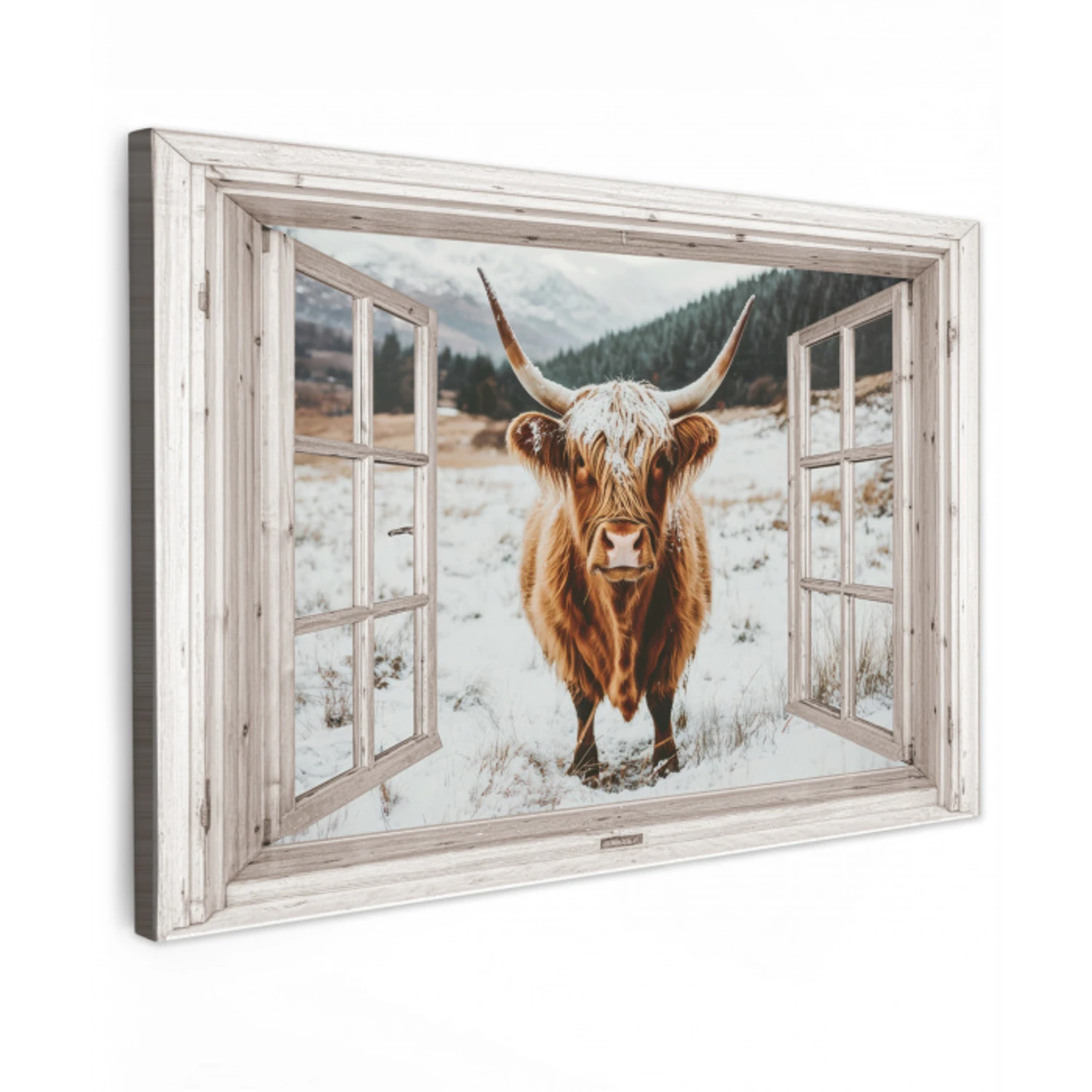 Schotse Hooglander - Winterlandschap - Landelijk - Bergen - Doorkijk Tuinposter op houten frame 2 cm dik klein -3d