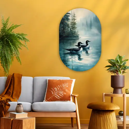 Bos - Water - Eenden - Mistig Wandcirkel Ovaal Glas middel -sfeer4