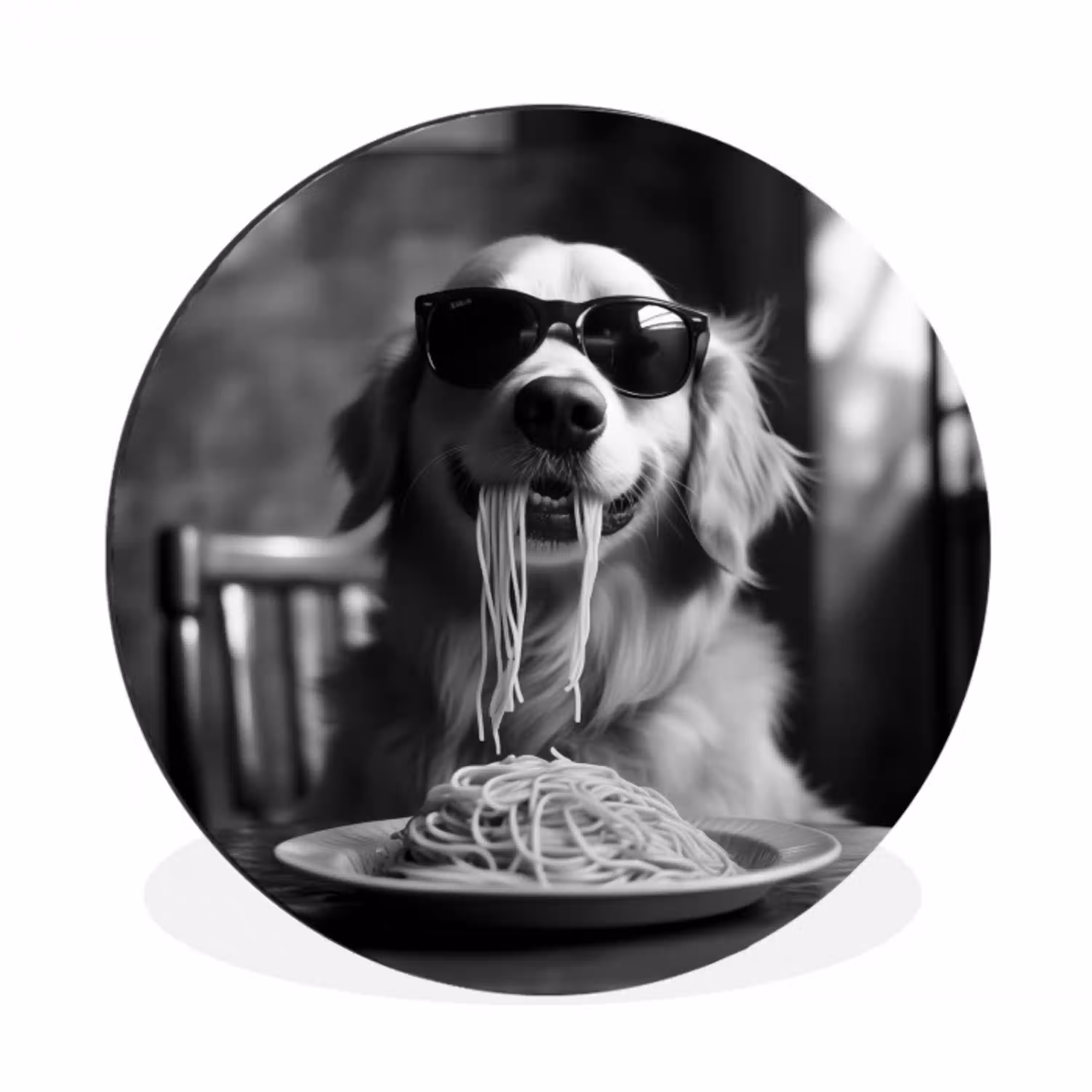 Golden Retriever - Hond - Vrolijk -  Bord spaghetti - Zwart - wit Wandcirkel aluminium klein -3d