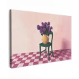Stoel - Vaas - Bloemen - Geblokt Tuinposter op houten frame 2 cm dik klein -3d