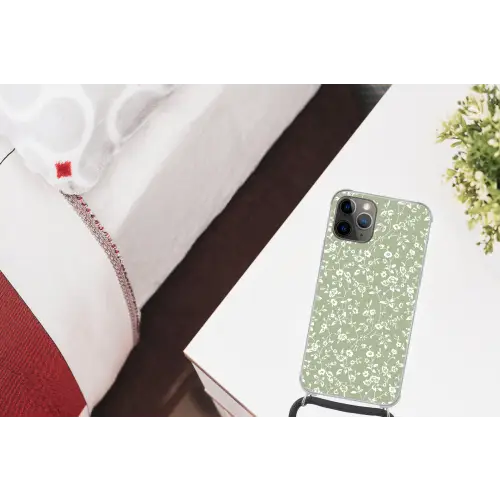 Bloemen - Print - Groen - Wit Hoesje iPhone 12 Pro met koord klein -kamer